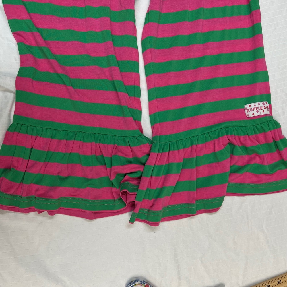 Ruffle Girl Pink Green Striped Ruffle Hem Wide Leg Pants Girls XL Whimsigoth - Picture 3 of 10